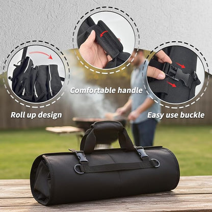 Grill Tool Accessory Storage Bag Roll Up, BBQ Tools Carry Orangizer Case for Grilling Utensil, Large Oxford Cloth Griddle Classifiable Holder for Outdoor Camping Barbecue Hiking Picnic Trip(Box Only)