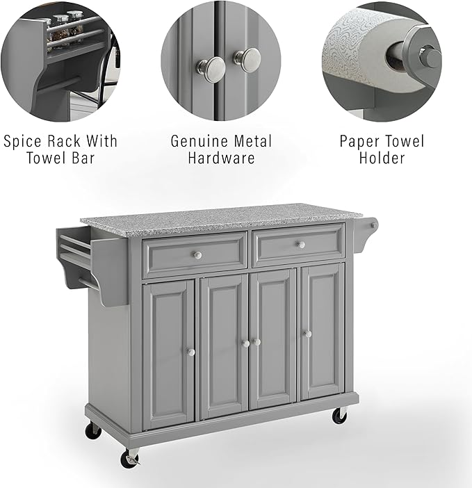 Crosley Furniture Full Size Granite Top Rolling Kitchen Island Storage Cart, Microwave Stand, Spice Rack, Gray