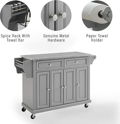 Crosley Furniture Full Size Granite Top Rolling Kitchen Island Storage Cart, Microwave Stand, Spice Rack, Gray