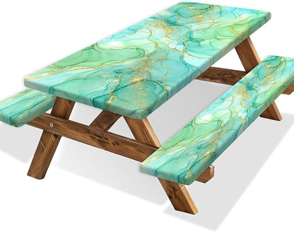 Marble Picnic Table Cover with Bench Covers 6FT, Camping Essentials, Teal Turquoise Gold Waterproof Windproof Oilproof, Fitted Tablecloth Cover with Elastic Edge for Outdoor Garden 3 PCS 30x60 Inch