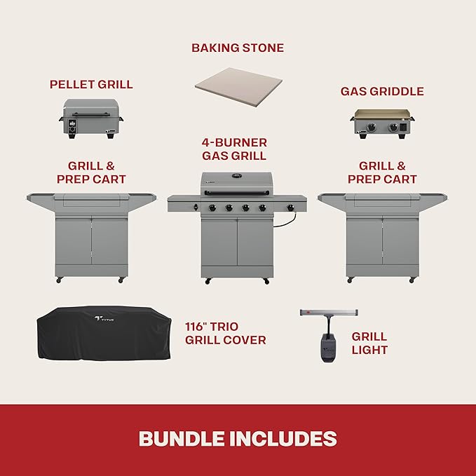 Tytus Anaheim 4-Burner Gas Grill with Two Prep Carts, Pellet Smoker, and Gas Griddle with Cover, Light, and Baking Stone - Modular Outdoor Kitchen, Quick Assembly, Grill for Outdoor Cooking