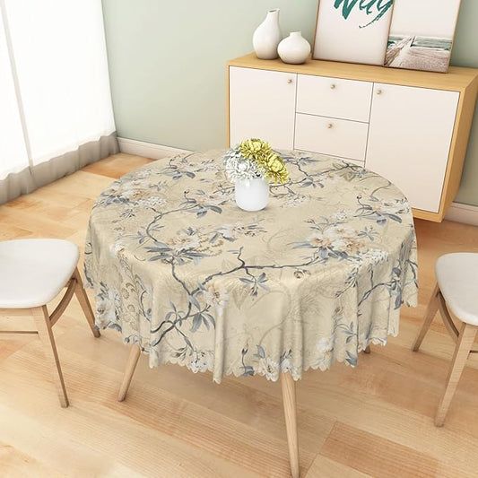 Chic Flower Round Tablecloths 70x70 Inch Elegant Wild Flowers Vintage Seasonal Circle Table Cover for Party Picnic Dinner Boho Waterproof Oblong Polyester Tablecloth for Spring Home Decor