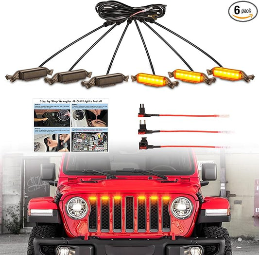 Led Grill Lights fit for 2019 2020 2021 2022 2023 Jeep Wrangler JL JLU Rubicon Sahara Sport Front Grille Grills Light Front Headlights Wrangler JL Jlu 2018-2023 Amber Accessories (JL Amber LED 6PCS)