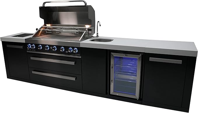 Mont Alpi Premium 132"W x 23"D x 46"H Black Stainless Steel Outdoor Kitchen Island with Fridge Faucet & Sink Combo + 44"W 6-Burner BBQ Grill + Granite Countertops + Storage + Rotisserie Kit + Cover