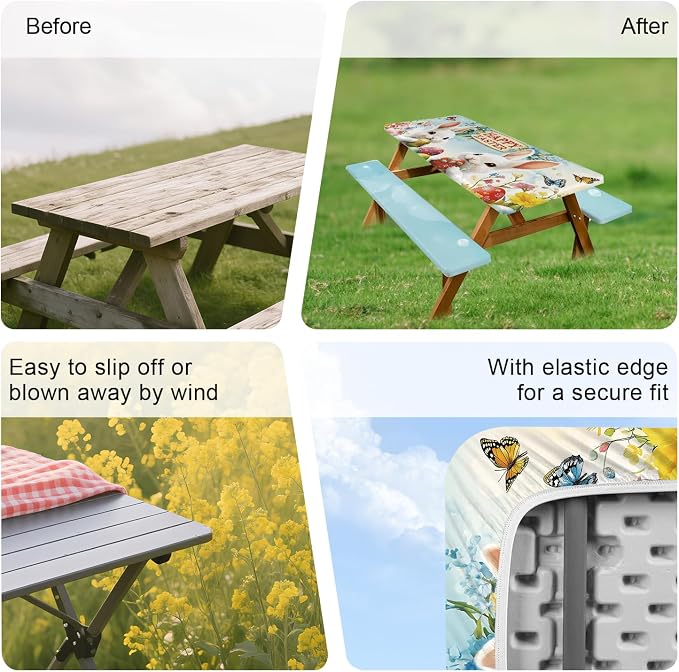 ANNA QUEEN Easter Garden 6FT Picnic Table Cover with Bench Covers Set of 3 with Drawstring Bag, Bunny Eggs Flowers 72"x30" Waterproof Picnic Tablecloth & Bench Covers for Outdoor Dining