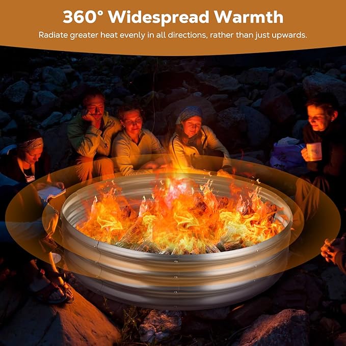 Raynesys 60 Inch Round Galvanized Fire Pit Ring, Silver Round Galvanized Fire Ring, 5 Feet Diameter Fire Pit, Outdoor Pits for Backyard, Camping, Bonfire