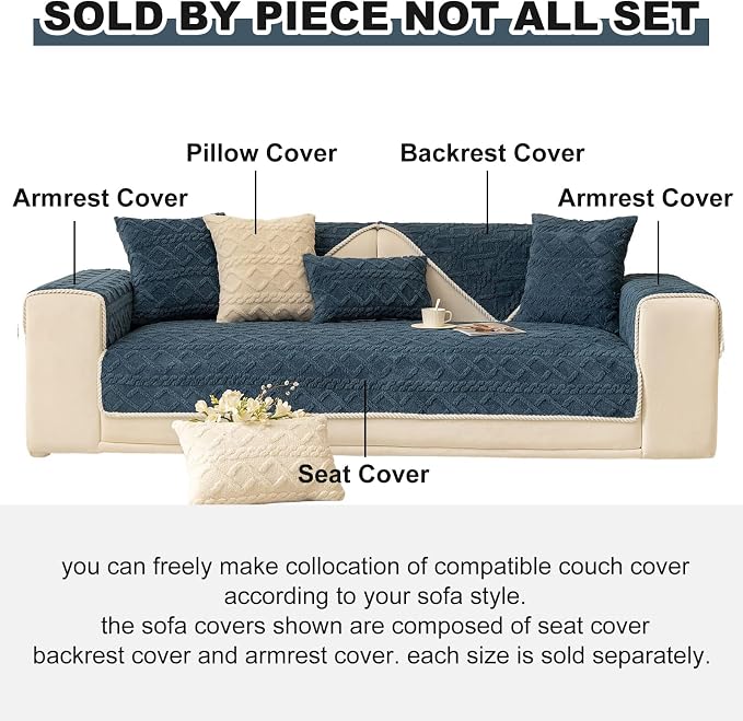 vctops Geometric Jacquard Plush Sofa Couch Covers Farmhouse Neutral Non Slip Sectional Couch Cover Soft Warm Sofa Slipcover for Dogs, Children, Pets Furniture Protector (Dark Blue,28"x28")