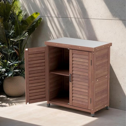 KEIKI Potting Bench with Storage Cabinet and Metal Table Top for Outdoor Patio Weatherproof Garden Workstation