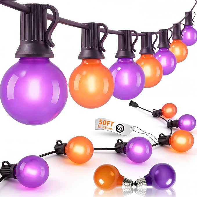 50FT G40 Halloween Orange and Purple Globe String Lights Outdoor Waterproof | Hanging Patio Light with 27 LED G40 Globe Bulbs, Plug in Outdoor Halloween Decorations Lights for Party Porch Garden Backyard