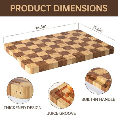 Bamboo Cutting Boards for Kitchen, End Grain Wood Cutting Board with Juice Grooves & Handles, Charcuterie Checkered Chopping Board Thick Butcher Block Serving Tray with Gift Box, 16.5"×11.6"× 1"