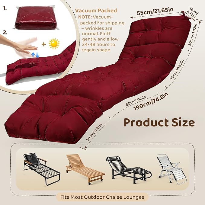 Outdoor Chaise Lounge Chair Cushion - Waterproof 74.8 x 21.7 x 4.7 Inches Memory Foam Pool Lounge Chair Cushions Replacement for Outdoor Furniture with Ties: Thickened Pool Chair Cushions, Red