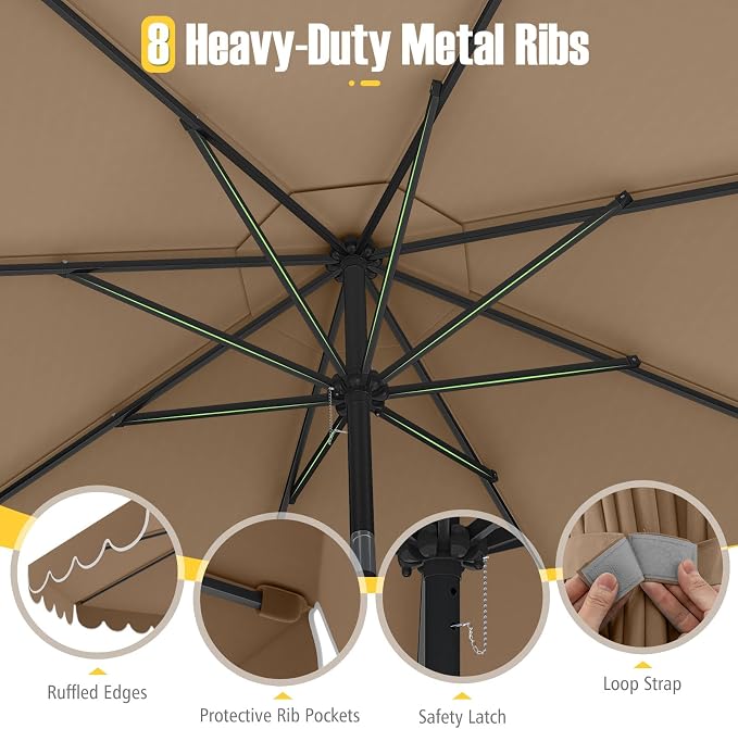 Tangkula 10 FT Patio Umbrella, 2-Tiers Scalloped Outdoor Table Market Umbrella with Tilt Adjustment, Crank, 8 Sturdy Ribs for Pool, Deck, Backyard (Coffee)