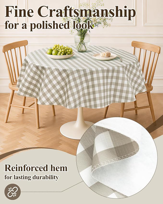 Seenus Cottage Farmhouse Khaki Gingham Plastic Tablecloth with Flannel Backing, Waterproof & Easy Clean Checkered Round Table Cover for Tea Party Patio Dining, 70 Inch Round (Fits 40-58" Tables)
