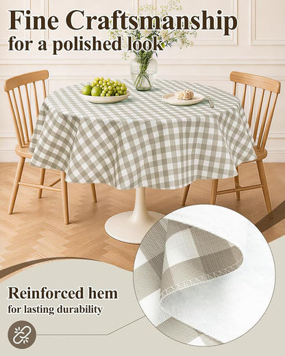 Seenus Cottage Farmhouse Khaki Gingham Plastic Tablecloth with Flannel Backing, Waterproof & Easy Clean Checkered Round Table Cover for Tea Party Patio Dining, 70 Inch Round (Fits 40-58" Tables)