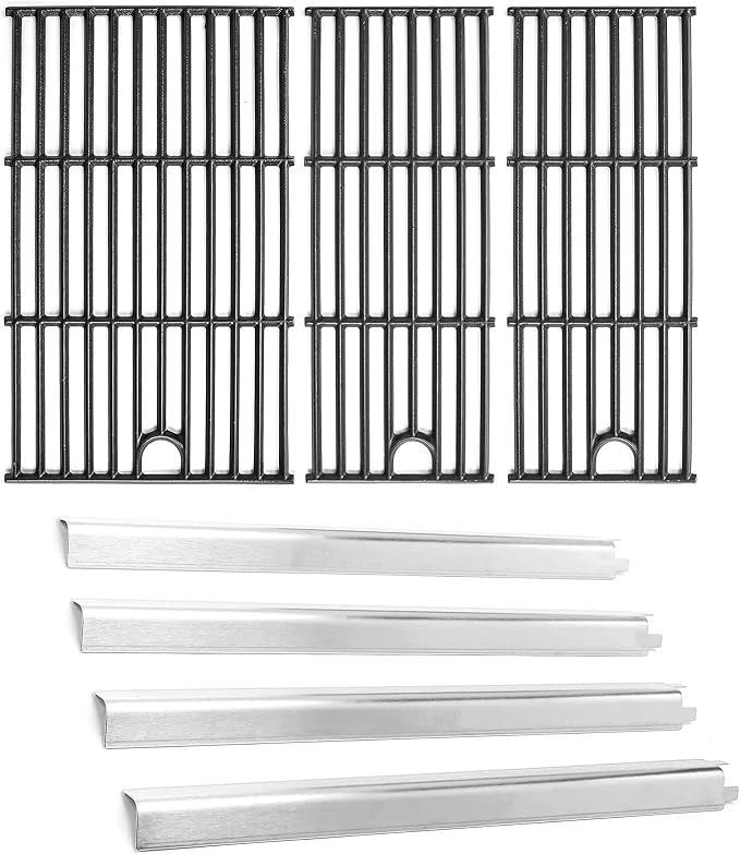 Uniflasy 463365021 Grill Grates Heat Plates Kit for Char-Broil Performance | Fits 463365522, 463352521, 463350521, 463350722 4-burner grills; 3 cast iron grates and 4 stainless heat plates