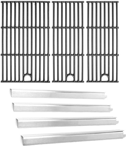 Uniflasy 463365021 Grill Grates Heat Plates Kit for Char-Broil Performance | Fits 463365522, 463352521, 463350521, 463350722 4-burner grills; 3 cast iron grates and 4 stainless heat plates