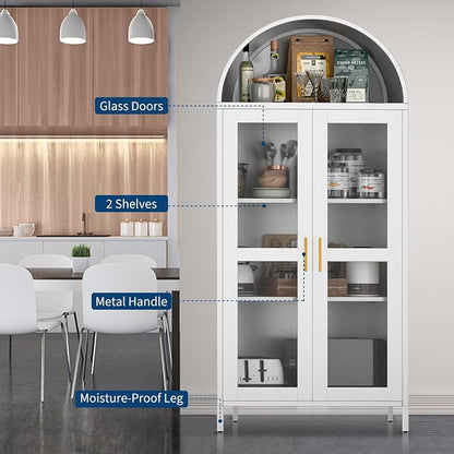 PioneerWorks 73" Arched Metal Storage Cabinet with Glass Door | 2 Adjustable Shelves | Arch-Top Storage Unit for Pantry, Living & Dining Rooms - White with Legs