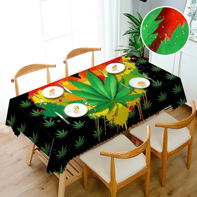 Swono Marijuana Leaf Rectangular Tablecloth Colorful Cannabis Leaves and Heart Heavy Duty Table Cloth Kitchen Dining Room Table Cover for Party Dinner 50x72 Inch Tablecloths
