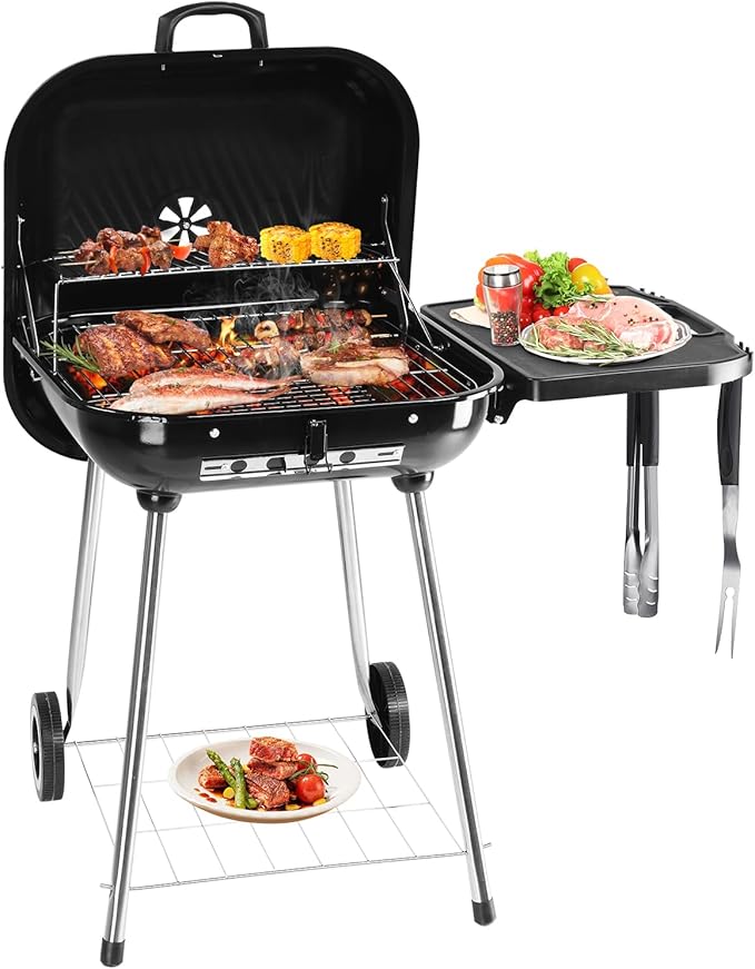 28" Portable Charcoal Grill with Wheels and Foldable Side Shelf, Large BBQ Smoker with Adjustable Vents on Lid for Outdoor Party Camping Picnic