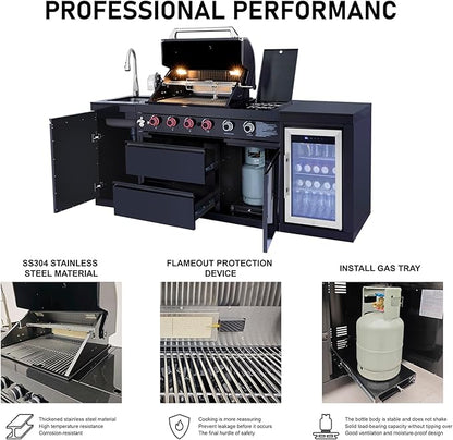85" Outdoor Kitchen Island with Grill and Side Burner, 4-Burner 71,500 BTU Propane BBQ Island, Refrigerator, Sink & Rotisserie, for Backyard and Patio Cooking, Black