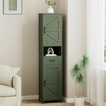 Homhedy 67" H Tall Bathroom Storage Cabinet with Barn Doors and Drawer | Narrow Storage Unit with Adjustable Shelves, Floor Cabinet for Bathroom, Living Room, Entryway or Kitchen, Green, 15.7" W