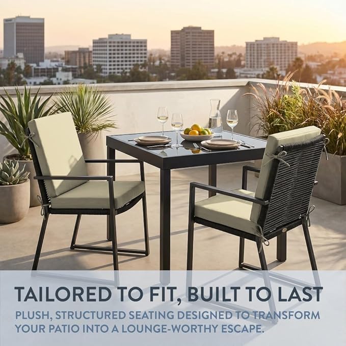 California Umbrella Outdoor Dining Chair, Set of 2 Patio Seat Cushions, 20 x 40 Inch, Premium Outdoor Memory Foam, Fade Resistant, Sunbrella Fabric, Fabric Ties, Antique Beige