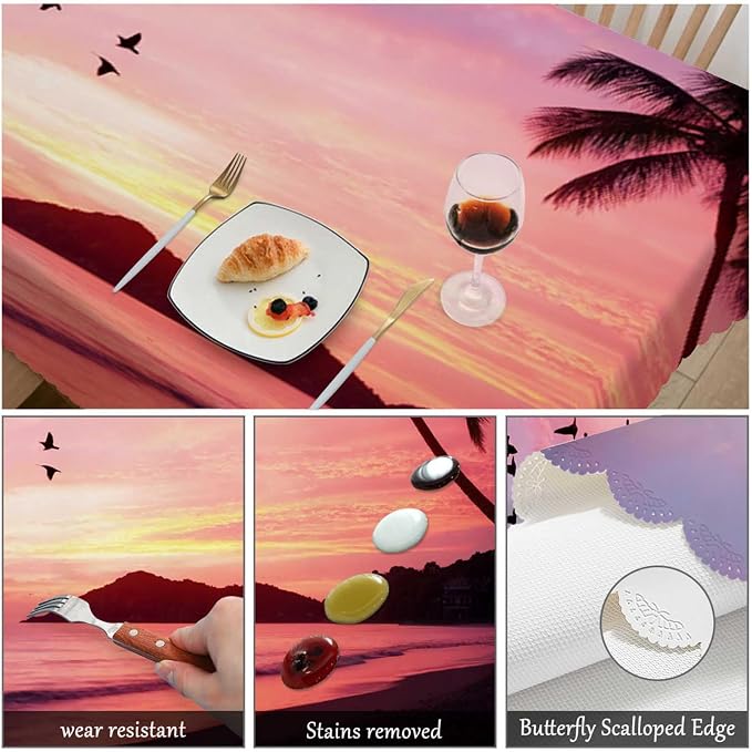 Swono Tablecloth Sunset Ocean, Paradise Ocean Beach Palm Trees Table Cloth for Kitchen Dining Tabletop Decoration Parties Weddings, 52 X 70 Inch Rectangle Tablecloth, 4-6 Seats