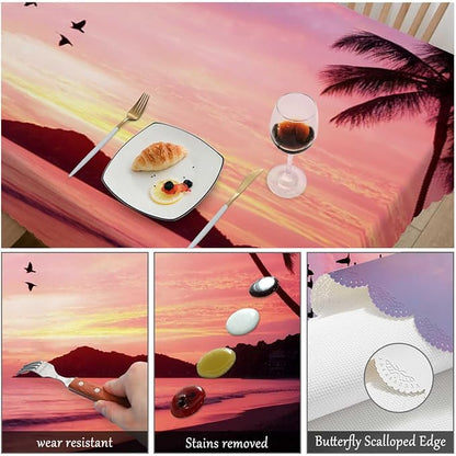 Swono Tablecloth Sunset Ocean, Paradise Ocean Beach Palm Trees Table Cloth for Kitchen Dining Tabletop Decoration Parties Weddings, 52 X 70 Inch Rectangle Tablecloth, 4-6 Seats
