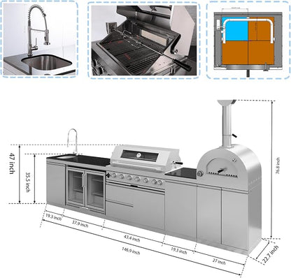 147-Inch Stainless Steel Outdoor Kitchen Island,Propane BBQ Grill with Pizza Oven,Rotisserie,Double Door Refrigerator, Granite Countertop, Storage Cabinets & Drawers 120,000 BTU.