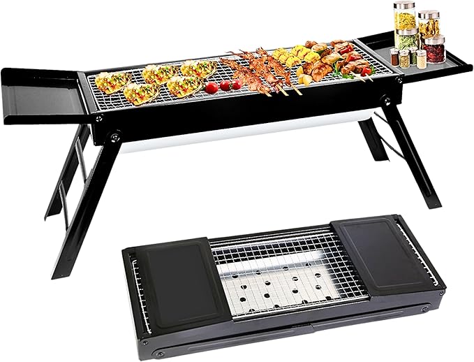 Generic Portable Foldable BBQ Griddle, Outdoor Camping Barbecue Grill, Iron-Plated, Charcoal Drawer, for Outdoor Camping Hiking Picnics Traveling, 34.25in x 8.85in x 12in LxWxH (Ship From US), Black