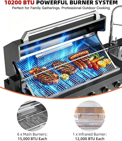 Outdoor Kitchen Island Barbecue Grill with Refrigerator & Rotisserie, Heavy-Duty Stainless Steel Freestanding Grills Station, Weather-Resistant Cooking Cabinet for Backyard & Summer Propane Gas