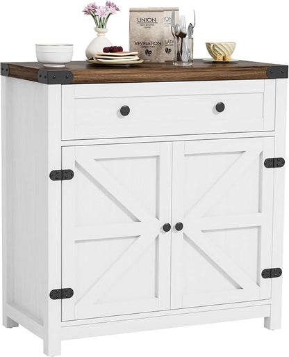 YESHOMY Coffee Bar and Accent Cabinet, Farmhouse Barn Door Buffet Sideboard with Drawer and Adjustable Shelf, Wide Desktop for Kitchen, Dining Room, Bathroom, Entryway, Rustic Brown White