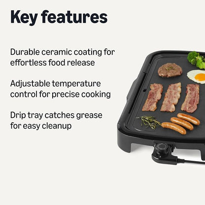 Amazon Basics Electric Griddle with Nonstick Ceramic Coating, Adjustable Temperature, Detachable Dishwasher Safe Plate, Drip Tray, 10 x 20 inches, Black