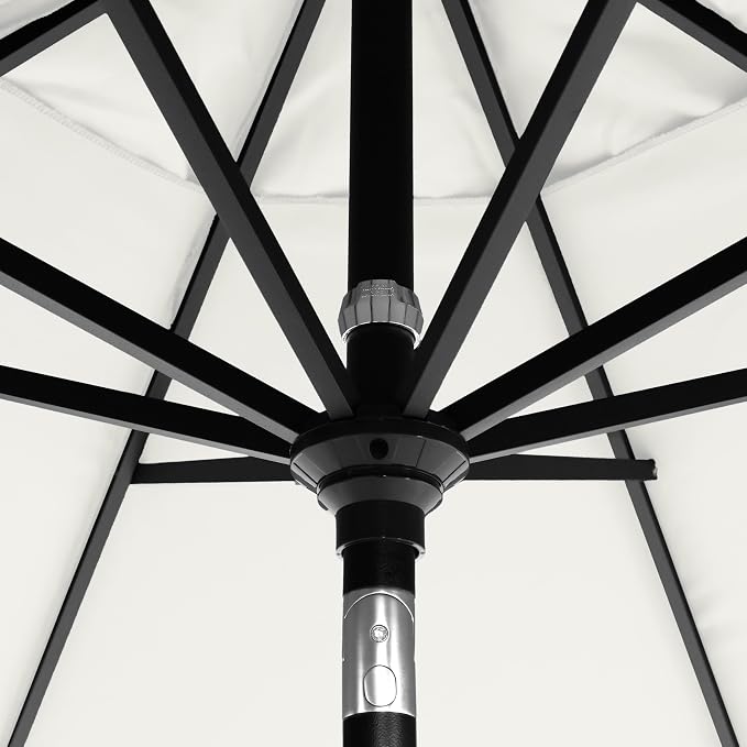 California Umbrella 12-Year-Non-Fading, 9Ft Premium Sunbrella Patio Umbrella, Hand-Crank, Button-Tilt, Black Frame, Natural Fabric
