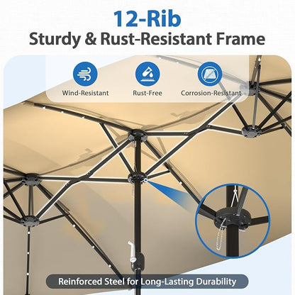 HOPERAN 15FT Patio Umbrella with Base Included, Large Outdoor Double-Sided Rectangle Table Umbrella with Easy Crank Lift, Market Umbrella for Backyard, Pool&Garden