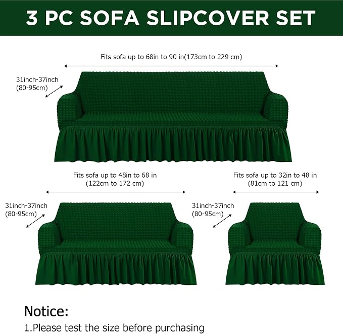 Fanfanwin 3 Pcs Sofa Slipcover Set for Couch Cushion Durable Washable High Elastic Stretchable Furniture Couch Covers with Skirt for Sofa Loveseat Arm Chair(Dark Green,Seersucker)