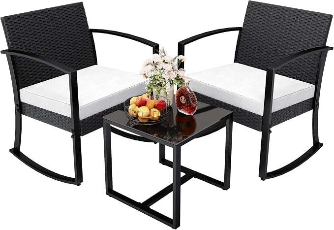 Greesum 3 Pieces Outdoor Furniture Set Patio Bistro Rocking Chairs with Glass Coffee Table for Pool Beach Backyard Balcony Porch Deck Garden, White