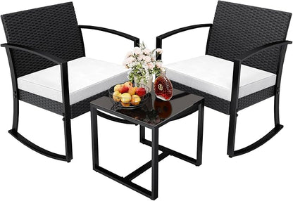 Greesum 3 Pieces Outdoor Furniture Set Patio Bistro Rocking Chairs with Glass Coffee Table for Pool Beach Backyard Balcony Porch Deck Garden, White