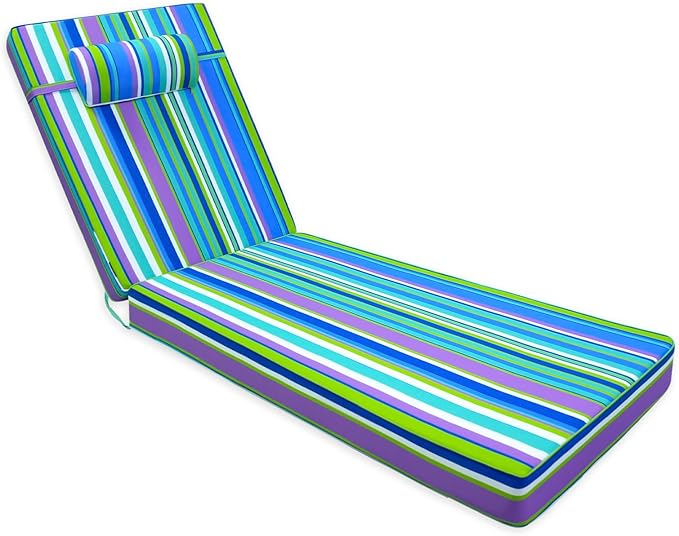 Chaise Lounge Cushion for Outdoor Furniture, Waterproof, Fade-Resistant and Tear Resistant, Patio Lounger Pads with Removable Cover for Pool, Deck, Lawn, 72x21x4 Inch, Blue & Green Stripe