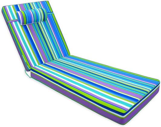 Chaise Lounge Cushion for Outdoor Furniture, Waterproof, Fade-Resistant and Tear Resistant, Patio Lounger Pads with Removable Cover for Pool, Deck, Lawn, 72x21x4 Inch, Blue & Green Stripe