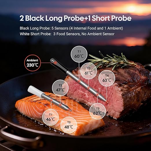 3-Probe Wireless Meat Thermometer with WiFi & Bluetooth, 5-in-1 Sensor for Precision, Rechargeable Smart Meat Thermometer for Cooking BBQ, Grilling and Smoking with Clear LCD Screen