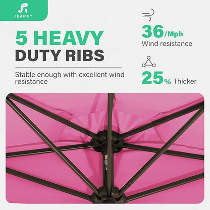 JEAREY 9ft Half Umbrella Outdoor Patio Umbrella Market Umbrellas with Crank, 1/2 Round Wall Umbrella 5 Sturdy Ribs UV Protection for Pool Garden Balcony Deck, Rose Pink