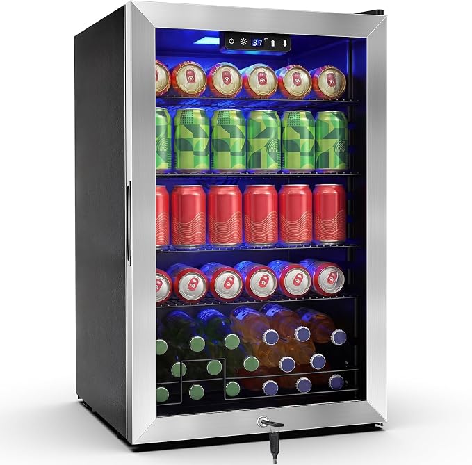 FoMup Beverage Refrigerator 150 Can with Glass Door – Mini Drink Cooler with Reversible Door, Safety Lock & Temperature Control, Small Fridge for Beer Soda Wine, Compact for Dorm Office Hotel