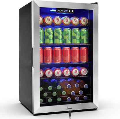 FoMup Beverage Refrigerator 150 Can with Glass Door – Mini Drink Cooler with Reversible Door, Safety Lock & Temperature Control, Small Fridge for Beer Soda Wine, Compact for Dorm Office Hotel