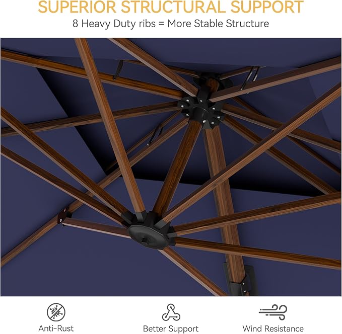 10x13 FT Wood Pattern Patio Umbrella with Base, Large Deluxe Cantilever Rectangular Double Top Heavy Duty Offset Umbrellas with 360° Rotation, Outdoor shade for Garden Pool Patio, Navy