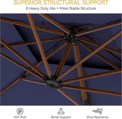 10x13 FT Wood Pattern Patio Umbrella with Base, Large Deluxe Cantilever Rectangular Double Top Heavy Duty Offset Umbrellas with 360° Rotation, Outdoor shade for Garden Pool Patio, Navy