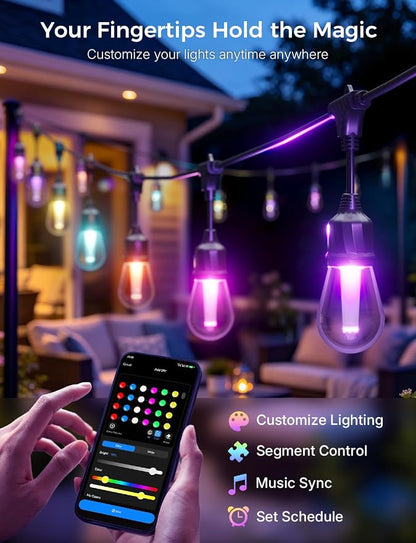 XMCOSY+ Smart Outdoor String Lights 123FT, LED Patio Light with App Control | DIY Color Changing, RGBCW Dimmable White, Segment Control, Alexa Voice Control, Shatterproof IP65 Waterproof Outside Lights