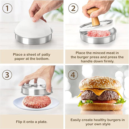 Cook Guy Burger Press 5" Hamburger Press Patty Maker – Non-Stick Hamburger Mold with 100 Patty Papers Set | 304 Stainless Mash Tool Smash for Meat Beyond Veggie Turkey Vegan Beef