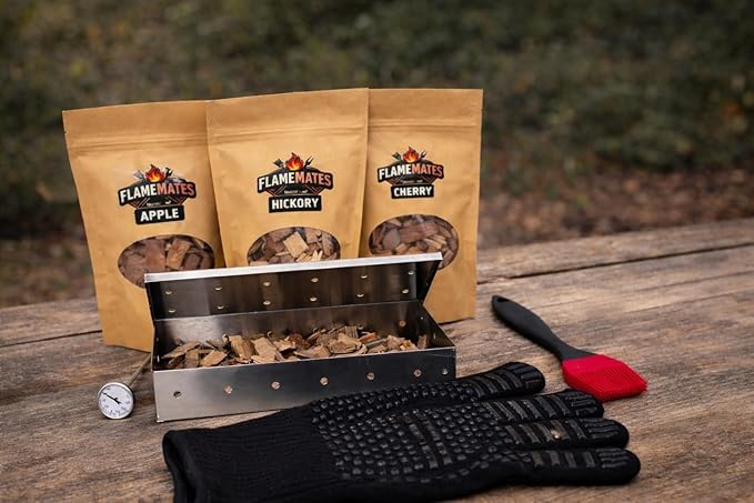 Deluxe BBQ Smoker Kit with Grilling Accessories | Includes Smoker Box, Basting Brush, Meat Thermometer, Heat-Resistant Glove, Instruction Manual, & 3 oz Hickory, Cherry & Apple Wood Chips