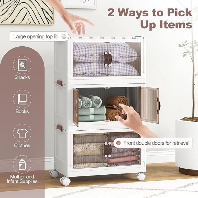 HOMGX 3 Tier Stackable Storage Bins, Collapsible Closet Organizers w/Wheels and Lids, Foldable Cabinet Front and Top Open, Foldable Plastic Containers for Kitchen (25.5 Gal (19" x 12" x 34"))
